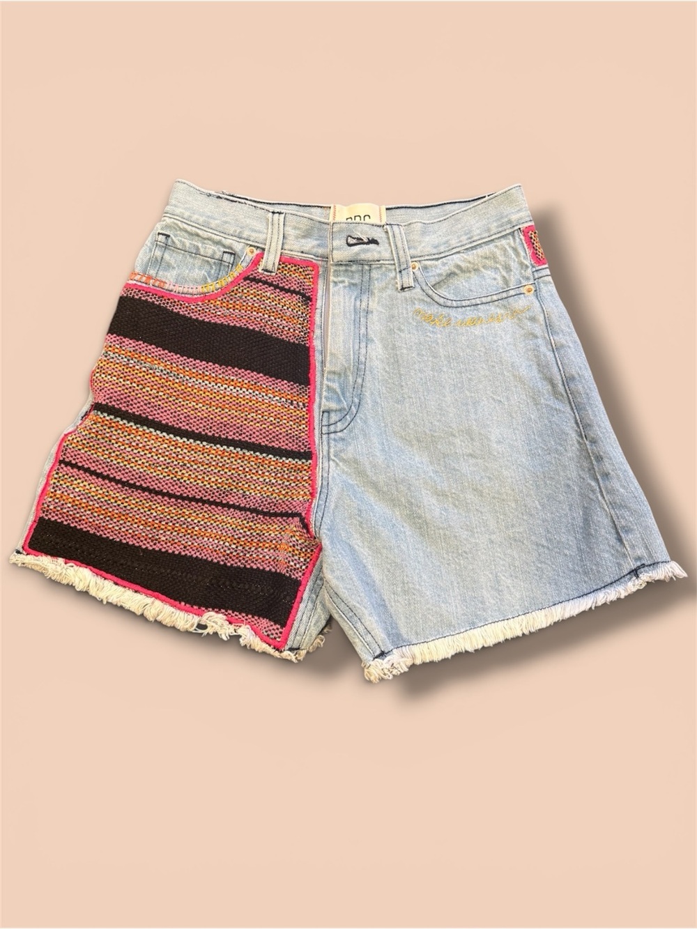 BDG Patchwork Light Wash A-Line Denim Shorts with Pink & Black Knit Panel